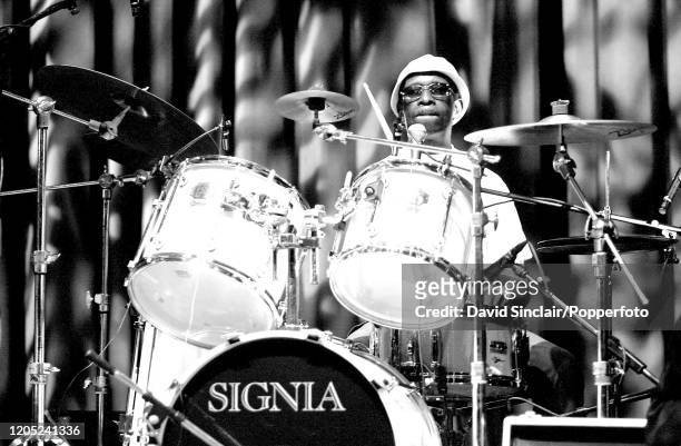 Nigerian drummer Tony Allen performs live on stage at Queen Elizabeth Hall in London on 18th July 2002.