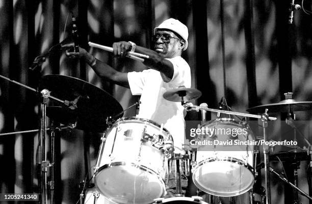 Nigerian drummer Tony Allen performs live on stage at Queen Elizabeth Hall in London on 18th July 2002.