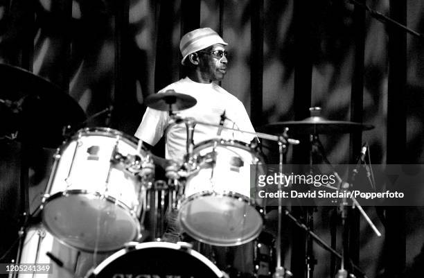 Nigerian drummer Tony Allen performs live on stage at Queen Elizabeth Hall in London on 18th July 2002.