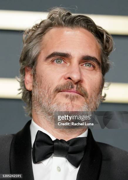 Joaquin Phoenix, winner of the Actor in a Leading Role award for "Joker," poses in the press room during the 92nd Annual Academy Awards at Hollywood...