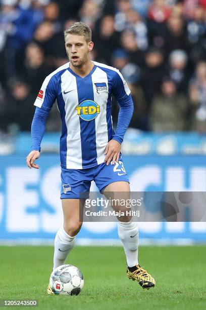 Arne Maier of Hertha Berlin controls the ball during the Bundesliga match between Hertha BSC and 1. FSV Mainz 05 at Olympiastadion on February 08,...