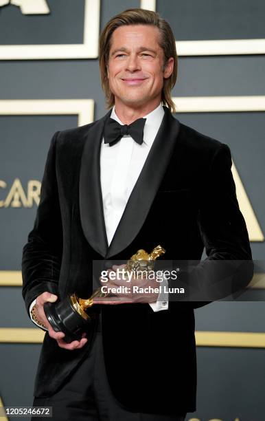 Brad Pitt, winner of the Actor in a Supporting Role award for "Once Upon a Time...in Hollywood” poses in the press room during the 92nd Annual...