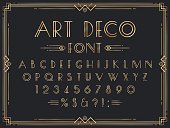 Golden art deco font. Luxury decorative 1920s geometric letters, ornamental gold numbers and retro frame vector set