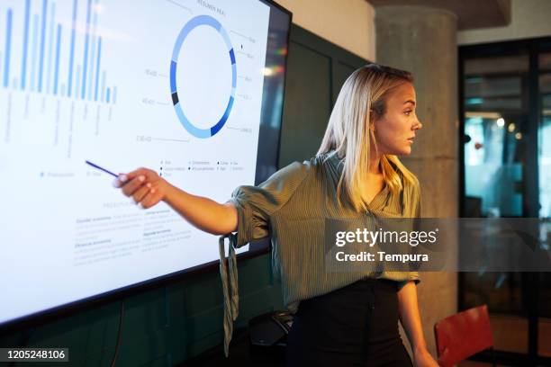 eine junge geschäftsfrau hält eine vortragsrede. - financial statements stock-fotos und bilder