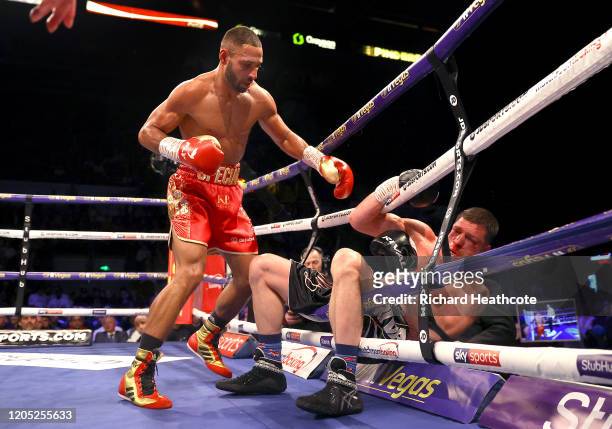 Kell Brook knocks down Mark DeLuca during the WBO Intercontiental Super-Welterweight Title Fight between Kell Brook and Mark DeLuca at FlyDSA Arena...