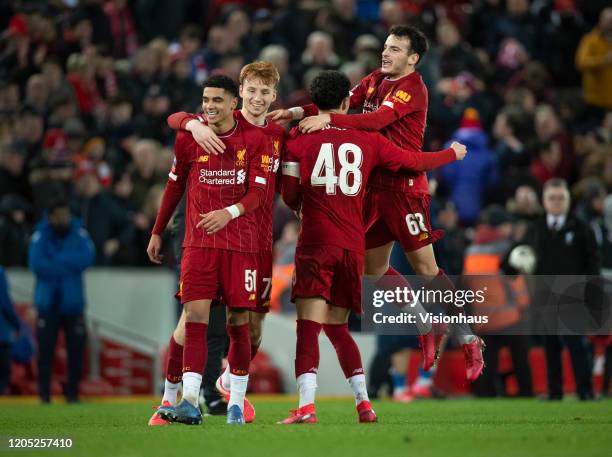 Liverpool players Ki-Jana Hoever, Sepp van den Berg, Curtis Jones and Pedro Chirivella celebrate after the final whistle of the FA Cup Fourth Round...