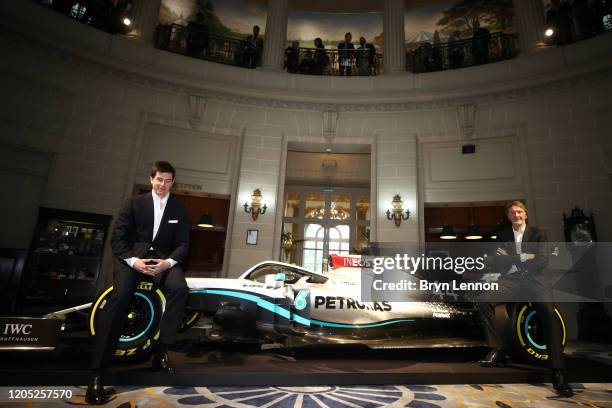 Toto Wolff, Team Principal & CEO of The Mercedes AMG-PETRONAS F1 Team and INEOS Founder and Chairman Sir Jim Ratcliffe pose for a photo with a...