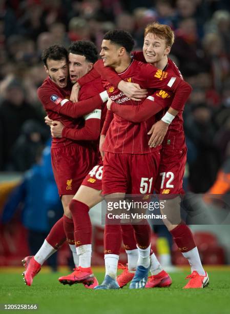 Liverpool players Ki-Jana Hoever, Sepp van den Berg, Curtis Jones and Pedro Chirivella celebrate after the final whistle of the FA Cup Fourth Round...