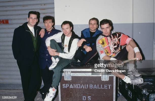 British pop group Spandau Ballet, circa 1985. Left to right: singer Tony Hadley, bassist Martin Kemp, guitarist Gary Kemp, saxophonist Steve Norman...