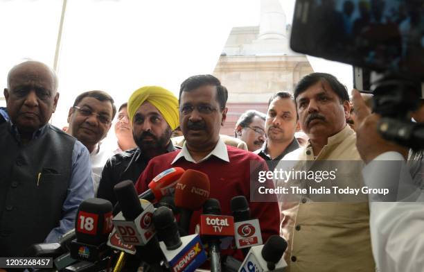 Chief Minister of Delhi, Arvind Kejriwal leaves after a meeting with Prime Minister, Narendra Modi at Parliament House New Delhi.