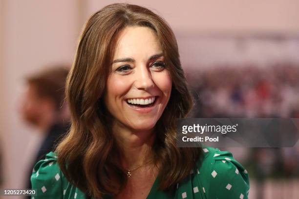 Catherine, Duchess of Cambridge smiles during a meeting with Galway Community Circus performers, local artists and young musicians on March 5, 2020...