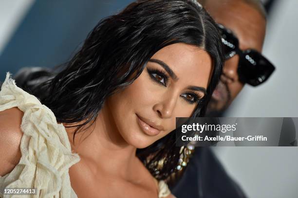 Kim Kardashian West and Kanye West attend the 2020 Vanity Fair Oscar Party hosted by Radhika Jones at Wallis Annenberg Center for the Performing Arts...