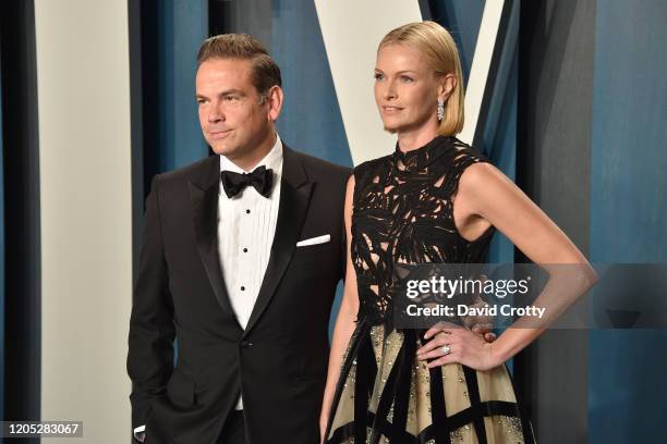 Lachlan Murdoch and Sarah Murdoch attend the 2020 Vanity Fair Oscar Party at Wallis Annenberg Center for the Performing Arts on February 09, 2020 in...
