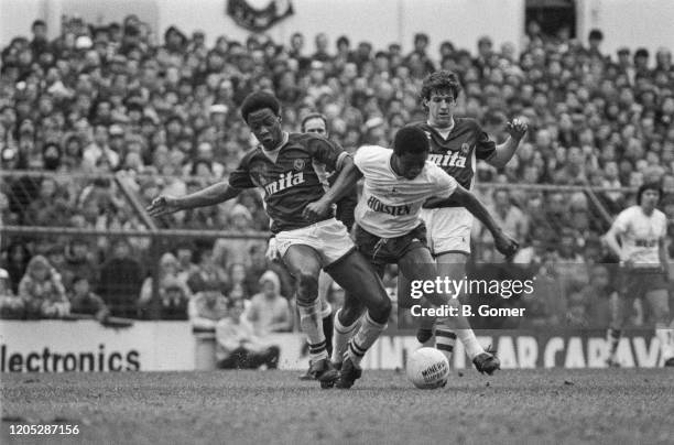 Mark Walters and Tony Dorigo of Villa in action against Spurs' Danny Thomas during the First Division match between Tottenham Hotspur and Aston Villa...