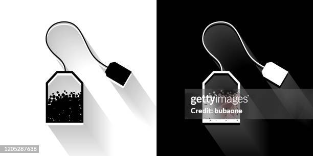 tea black and white icon with long shadow - tea leaf white background stock illustrations