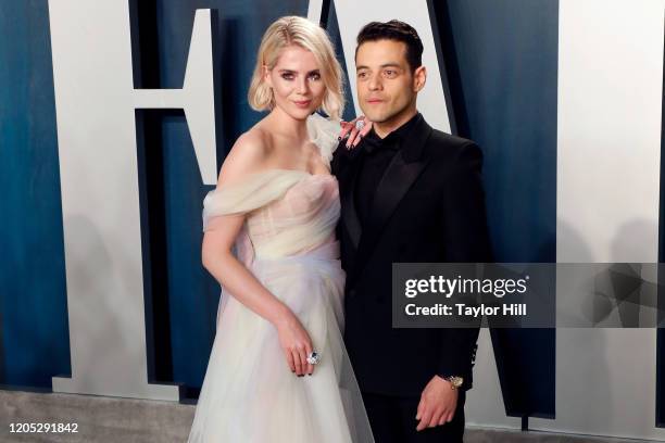 Lucy Boynton and Rami Malek attend the Vanity Fair Oscar Party at Wallis Annenberg Center for the Performing Arts on February 09, 2020 in Beverly...