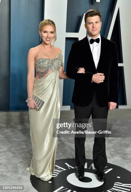 Scarlett Johansson and Colin Jost attend the 2020 Vanity Fair Oscar Party hosted by Radhika Jones at Wallis Annenberg Center for the Performing Arts...