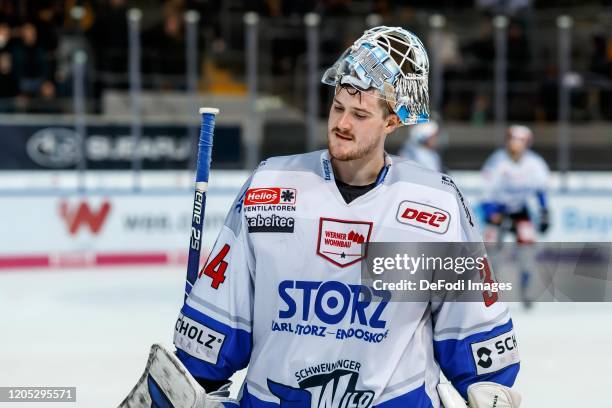 Goalkeeper Dustin Strahlmeier of Schwenninger Wild Wings looks on during the DEL match between EHC Red Bull Muenchen and Schwenninger Wild Wings at...