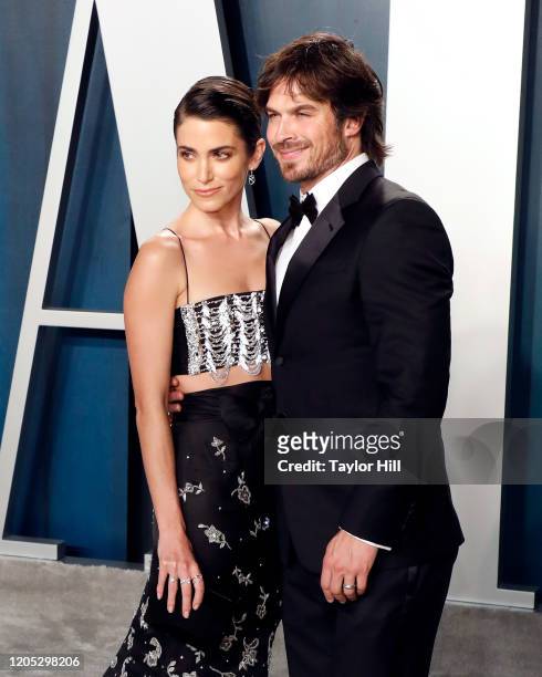 Nikki Reed and Ian Somerhalder attend the Vanity Fair Oscar Party at Wallis Annenberg Center for the Performing Arts on February 09, 2020 in Beverly...