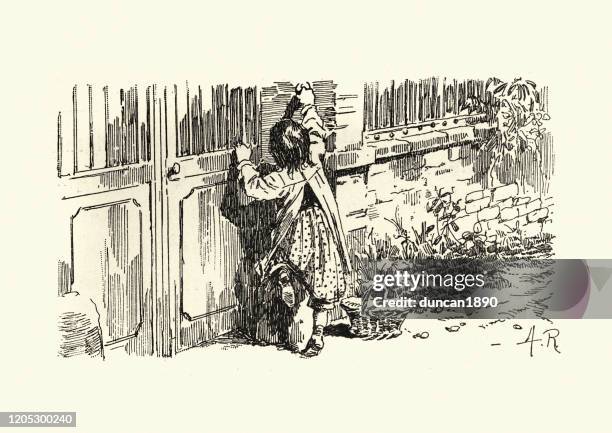 little girl ringing the doorbell, 19th century - girl doorbell stock illustrations