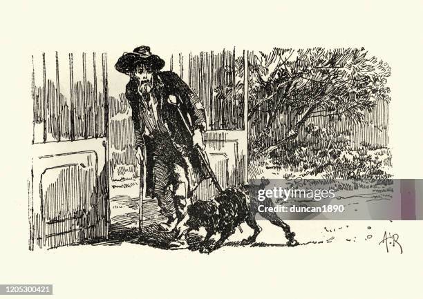 old man on crutches with his dog, 19th century - limping stock illustrations