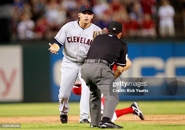 Jason Kipnis of the Cleveland Indians appeals to umpire Angel Campos for a safe call on Ian Kinsler of the Texas Rangers at Rangers Ballpark in...