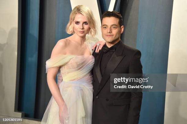 Lucy Boynton and Rami Malek attend the 2020 Vanity Fair Oscar Party at Wallis Annenberg Center for the Performing Arts on February 09, 2020 in...