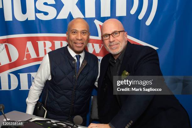 Former Governor of Massachusetts Deval Patrick and Michael Smerconish attend the SiriusXM Broadcast of the 2020 New Hampshire Democratic Primary Live...