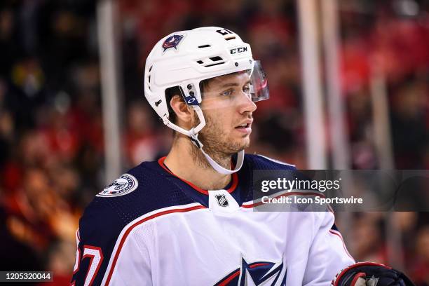 Columbus Blue Jackets Defenceman Ryan Murray looks on during the second period of an NHL game where the Calgary Flames hosted the Columbus Blue...