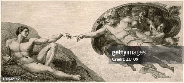 stockillustraties, clipart, cartoons en iconen met the creation of adam by michelangelo, sistine chapel, vatican, c.1508/12 - schepping