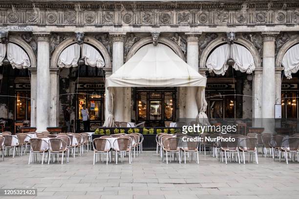 Picture shows the deserted restaurant in Venice on March 5, 2020. Turism in Venice collapsed after the Coronavirus emergency in Italy: the city looks...