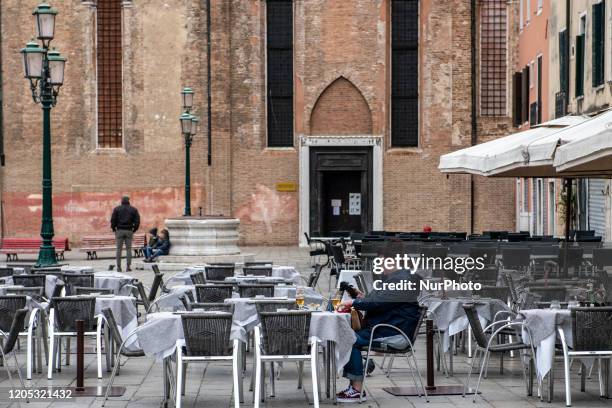 Picture shows the deserted restaurant in Venice on March 5, 2020. Turism in Venice collapsed after the Coronavirus emergency in Italy: the city looks...