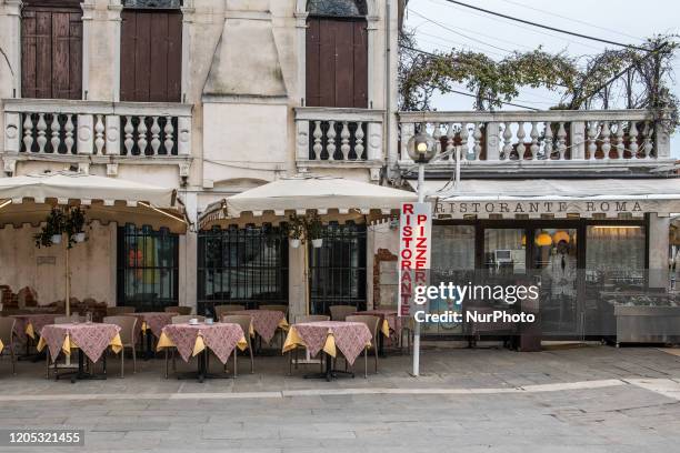 Picture shows deserted restaurant in front in Venice on March 5. 2020. Turism in Venice collapsed after the Coronavirus emergency in Italy: the city...