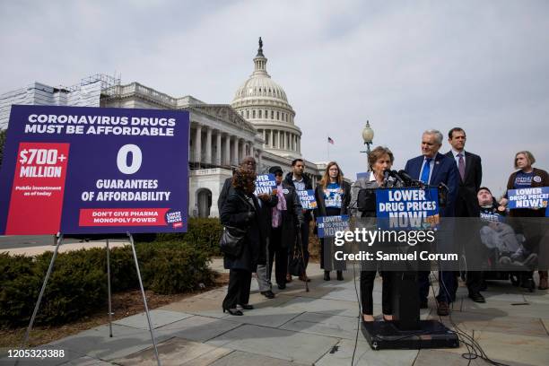 Rep. Jan Schakowsky speaks during a press conference with Rep. Lloyd Doggett calling for lower drug prices, especially in regards to the coronavirus,...