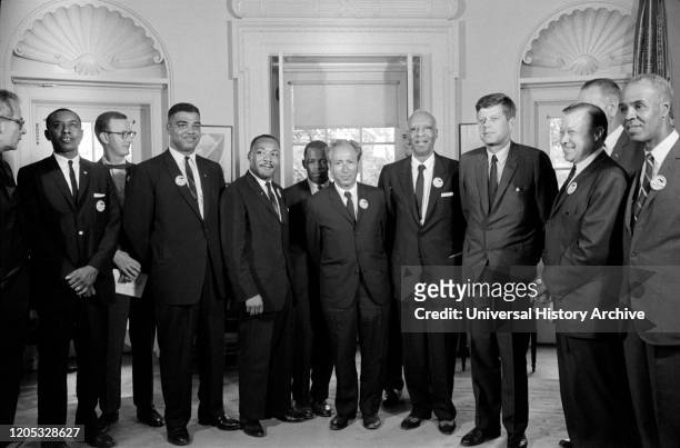 Civil rights leaders meet with U.S. President John F. Kennedy, Oval Office, White House, after the March on Washington for Jobs and Freedom,...