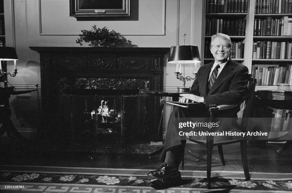 US President Jimmy Carter at the White House during a fireside chat on the Panama Canal Treaty, Washington