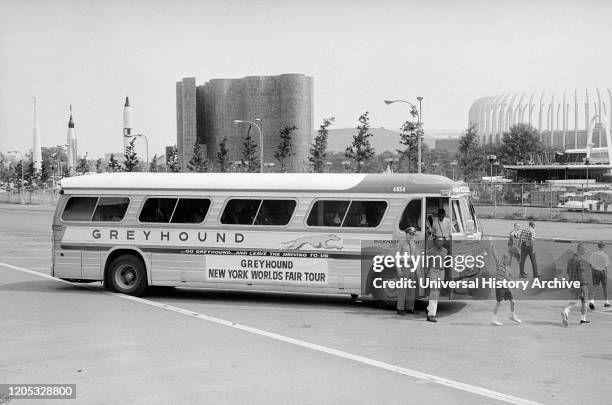 Greyhound Bus arriving at New York World's Fair, Flushing Meadows_Corona Park, Queens, New York City, New York, USA, photograph by Thomas J....