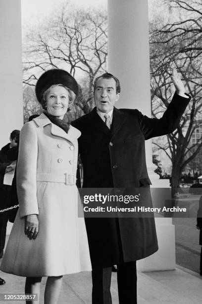 President Richard Nixon and First Lady Pat Nixon returning to White House after his Inauguration, White House, Washington, D.C., USA, photograph by...