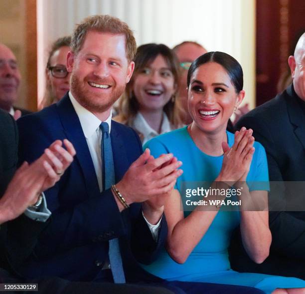Prince Harry, Duke of Sussex and Meghan, Duchess of Sussex cheer attend the annual Endeavour Fund Awards at Mansion House on March 5, 2020 in London,...