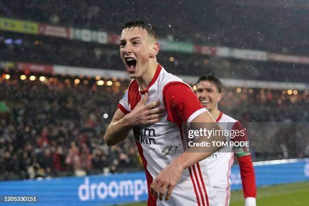 Feyenoord's Robert Bozenik celebrates after scoring a goal during the Dutch Cup semi final football match between Feyenoord Rotterdam and NAC Breda...