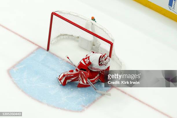 Jimmy Howard of the Detroit Red Wings makes a save during the game against the Columbus Blue Jackets on February 7, 2020 at Nationwide Arena in...