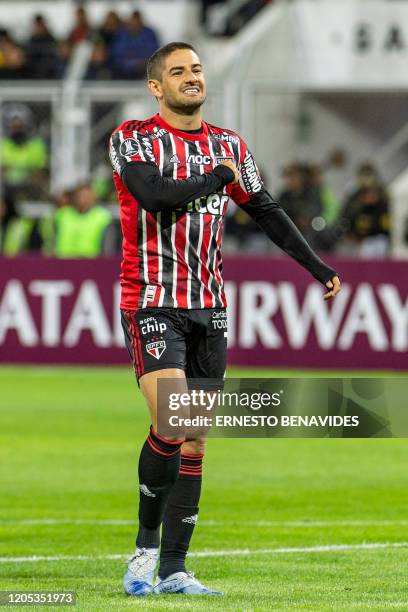 Brazil's Sao Paulo player Alexandre Pato celebrates after scoring against Peru's Binacional during their Copa Libertadores soccer match at the...