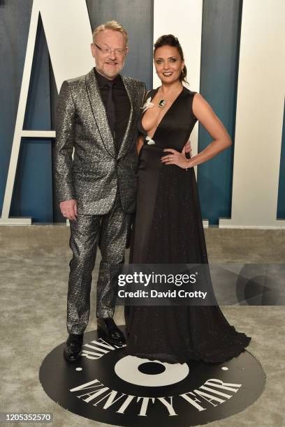 Jared Harris and Allegra Riggio attend the 2020 Vanity Fair Oscar Party at Wallis Annenberg Center for the Performing Arts on February 09, 2020 in...