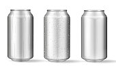 Realistic aluminum cans with water drops. Vector