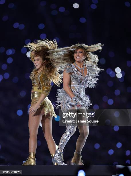 Shakira and Jennifer Lopez perform during the Pepsi Super Bowl LIV Halftime Show at Hard Rock Stadium on February 02, 2020 in Miami, Florida.