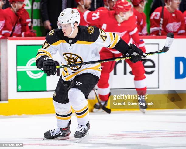 Torey Krug of the Boston Bruins follows the play against the Detroit Red Wings during an NHL game at Little Caesars Arena on February 9, 2020 in...