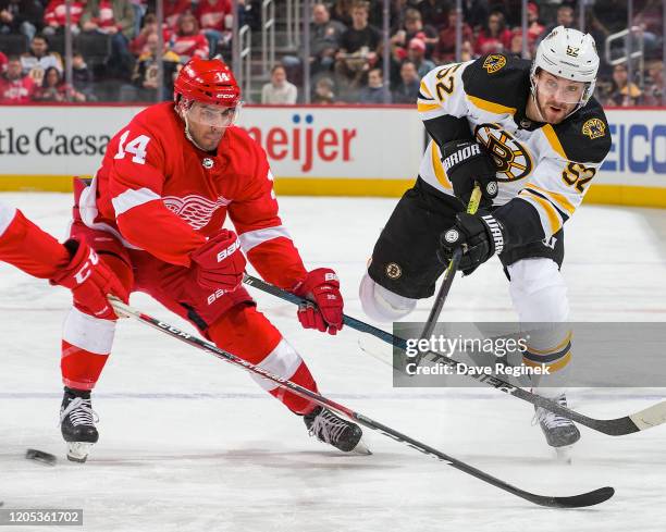 Sean Kuraly of the Boston Bruins shoots the puck past Robby Fabbri of the Detroit Red Wings during an NHL game at Little Caesars Arena on February 9,...