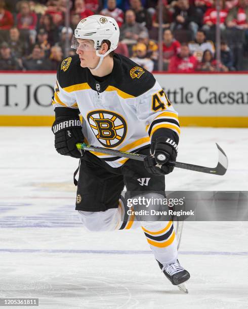 Torey Krug of the Boston Bruins skates up ice against the Detroit Red Wings during an NHL game at Little Caesars Arena on February 9, 2020 in...