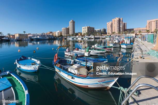 Moored fishing boats in harbor, Fuengirola, Costa del Sol, Malaga Province, Andalusia, southern Spain.