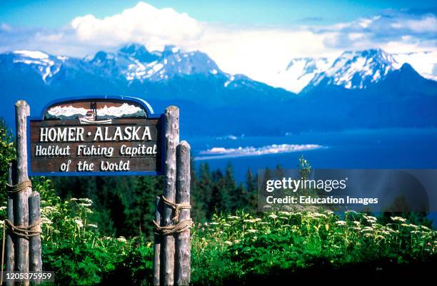 Homer Alaska sign Halibut Fishing Capital of the World Kenai Peninsula USA.